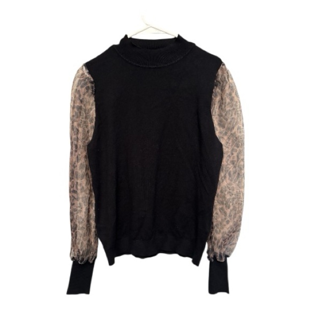 Sioni Black Blouse with Sheer Leopard Print Patterned Sleeves Large